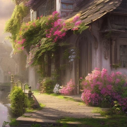 Rose Covered Cottage in Hyperdetailed Digital Painting