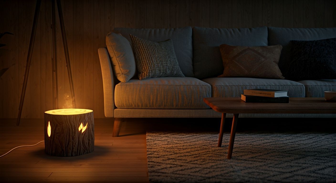 Cozy Living Room at Night with Rustic Tree Stump Nightlight