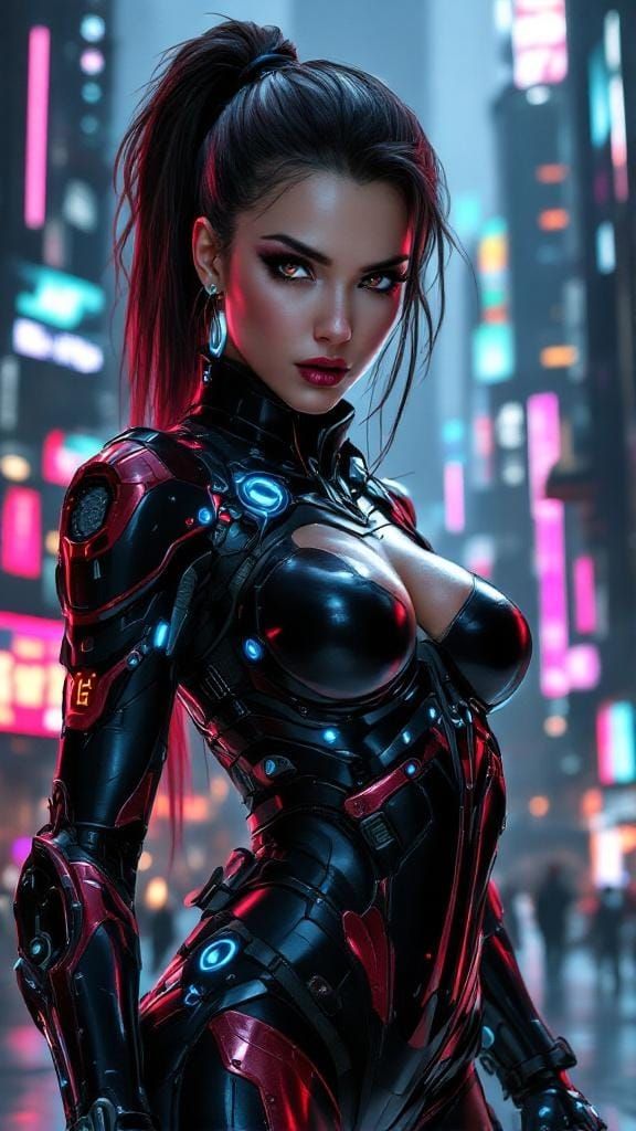 Futuristic Female Enforcer in Cyberpunk Metropolis