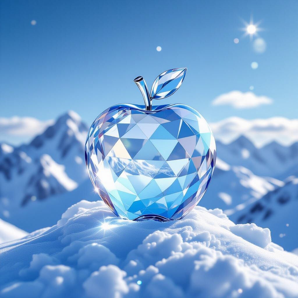 Crystal Apple on Snowy Peak: Hyperrealistic Digital Art