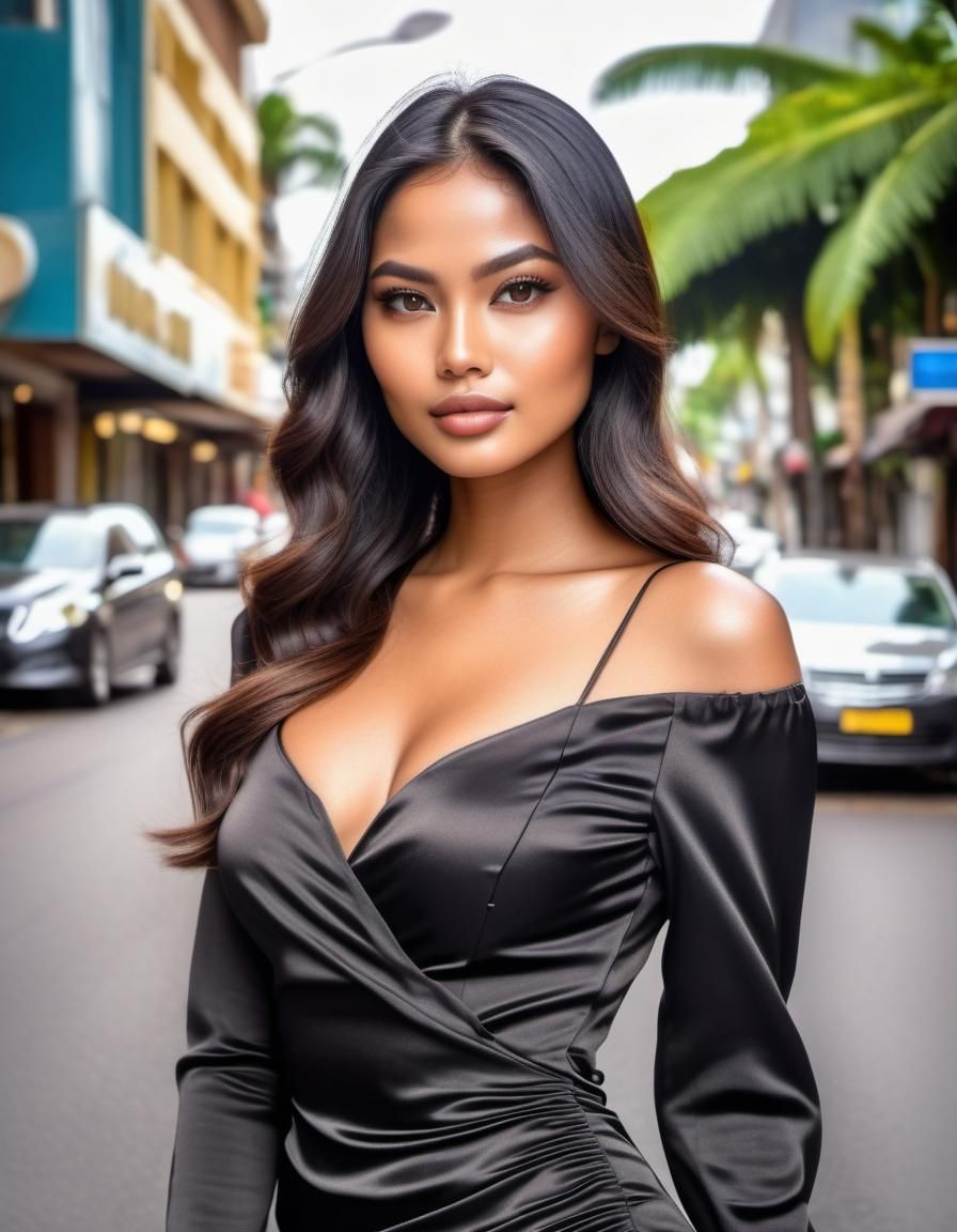 Indonesian Woman on Tropical City Street in Hyperrealism