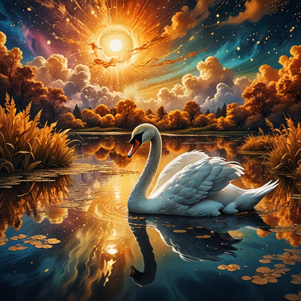 Swan Glides on Pond in Dreamlike Fantasy Style