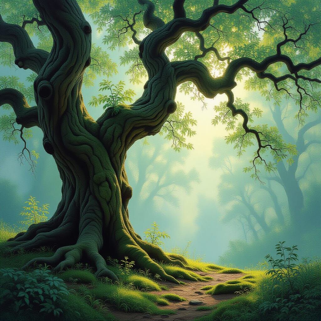 Ancient Gnarled Tree in Misty Forest Clearing