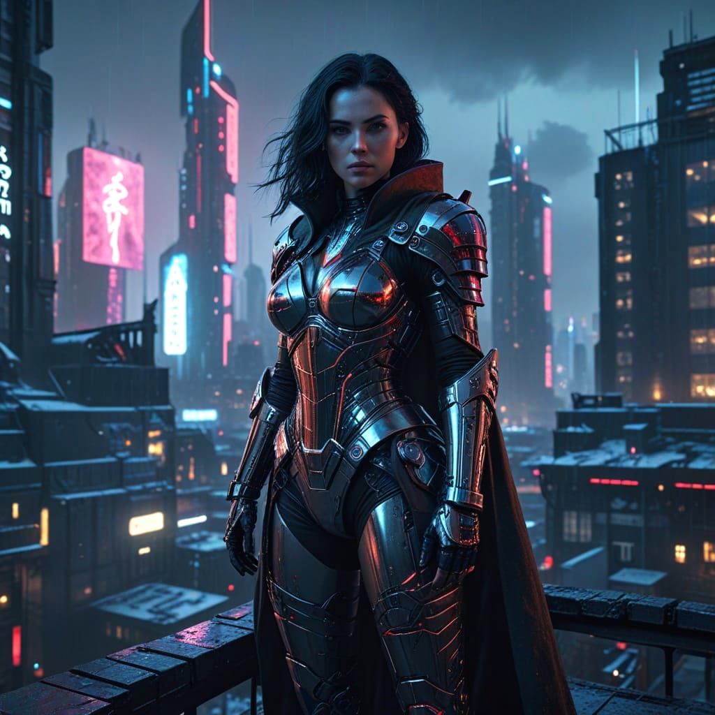 Cyberpunk SnowWhite in Dark Neon City Rooftop