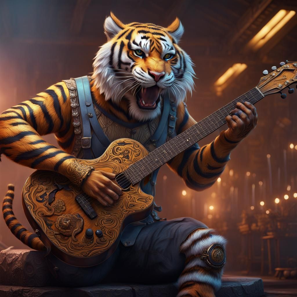 Tiger Playing Guitar in Detailed Fantasy Art