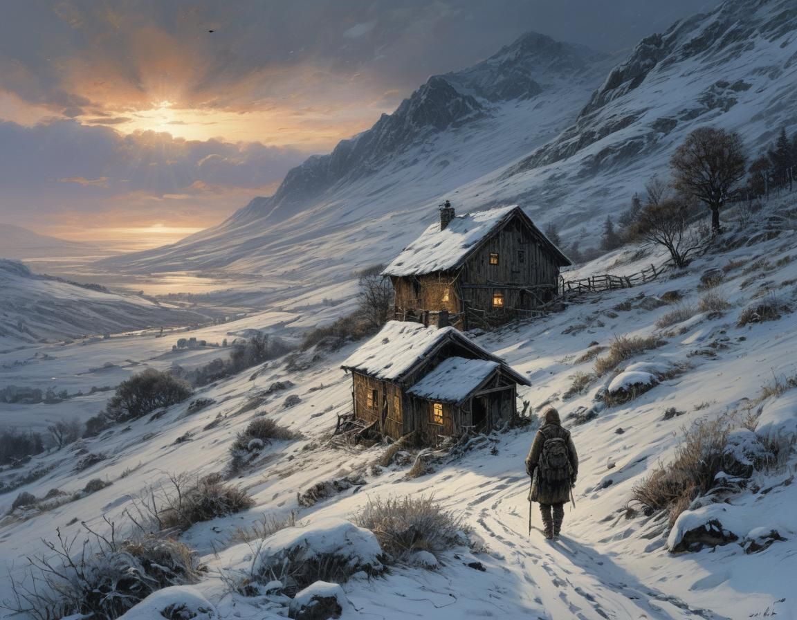Winter Sunset in a Snowy Valley with Cozy House and Lonely H...