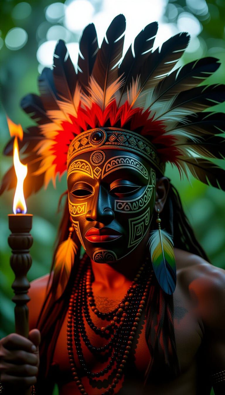 African Tribal Mask with Feathers and Beads
