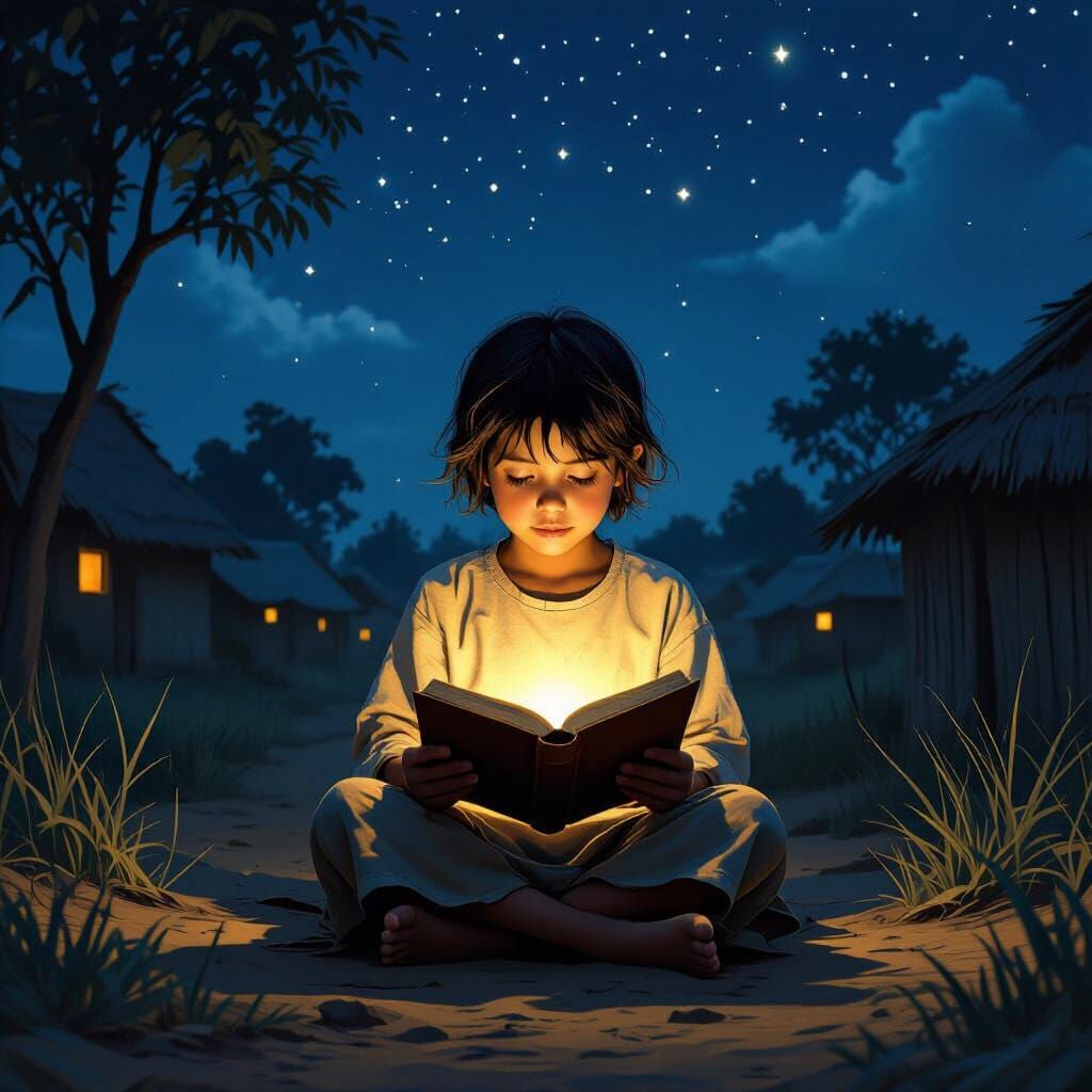 Child Reading Glowing Book in Dark Village