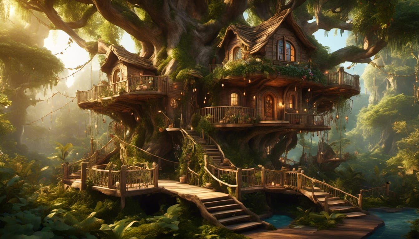 Realistic Pugs in Fantasy Treehouse Interior