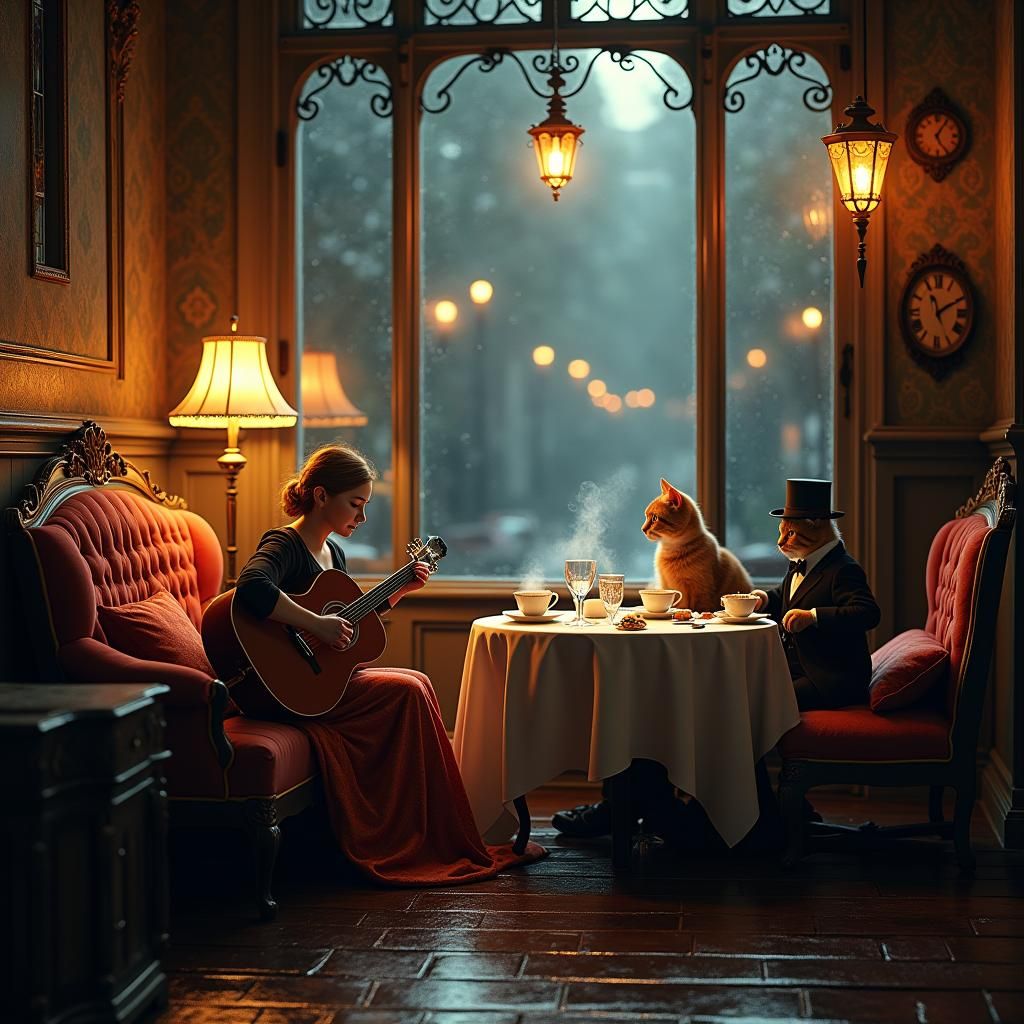 Cats Play Music in Cafe: Golden Light, Antique Style