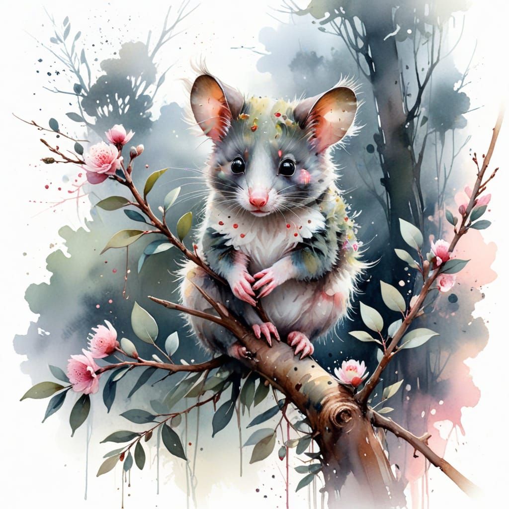Adorable Pygmy Possum on Eucalyptus Branch at Twilight