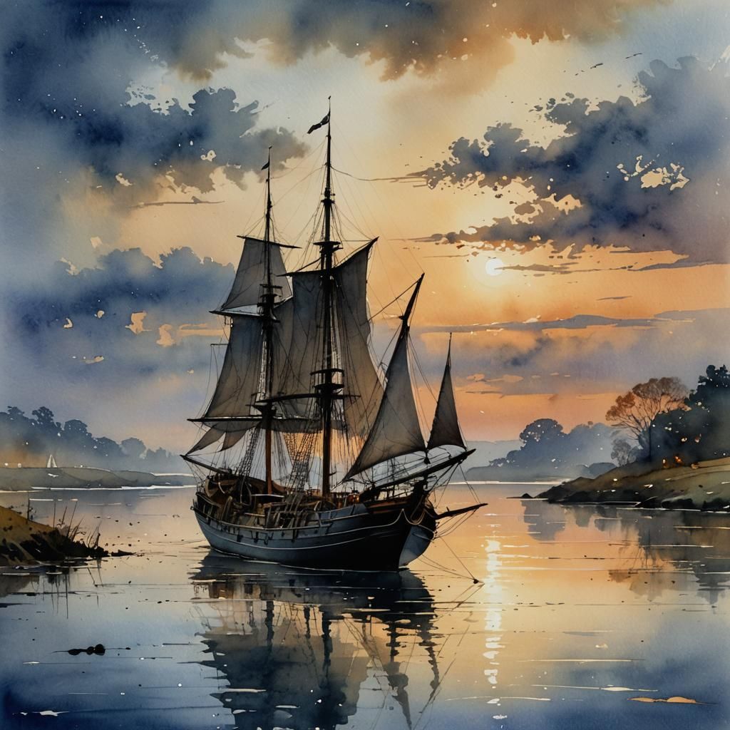 17th Century Sailboat at Dusk Watercolor Painting