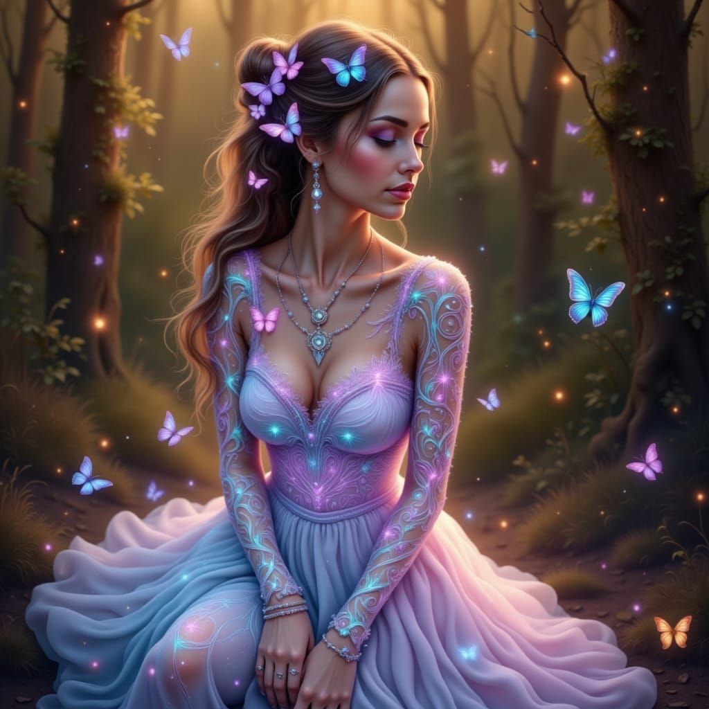 Woman with Glowing Tattoos and Butterflies in Golden Hour