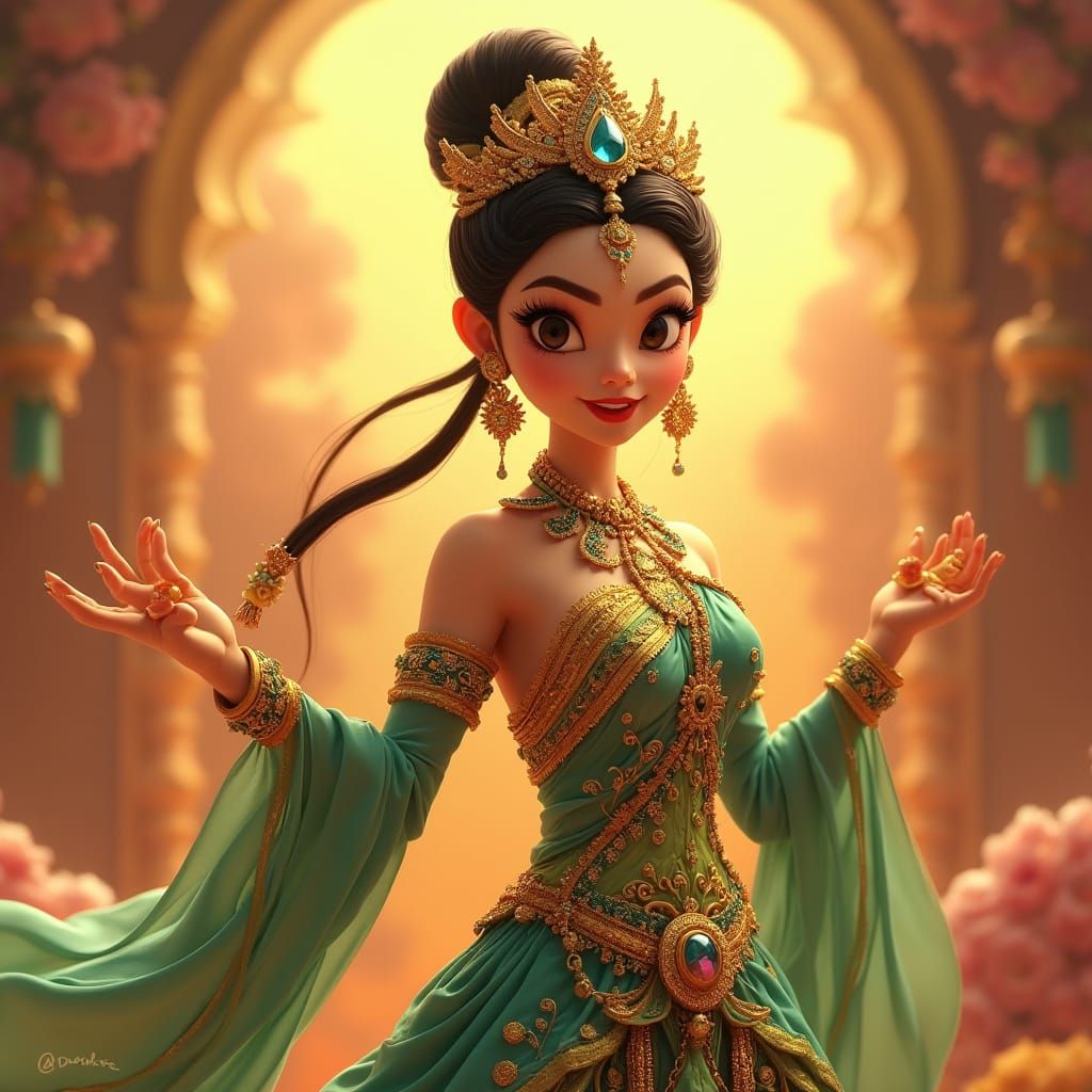 Regal Thai Queen in Vibrant, Exaggerated Pose
