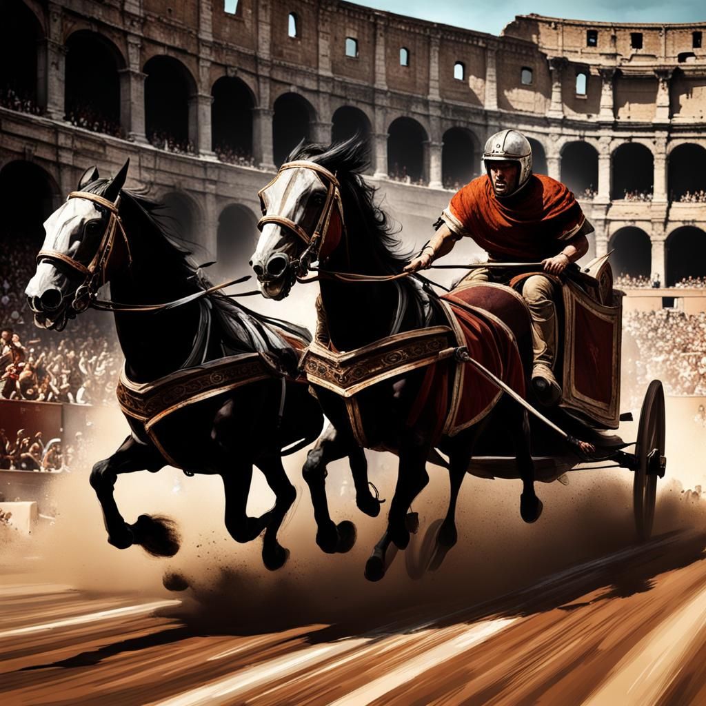 Dramatic Chariot Race in Rome: Hyperrealistic Photo