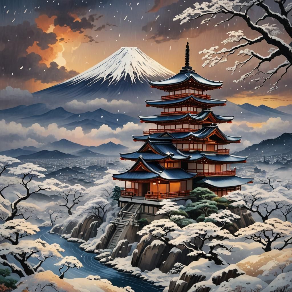 Japanese Temple on Mount Fuji in Ukiyo-e Style