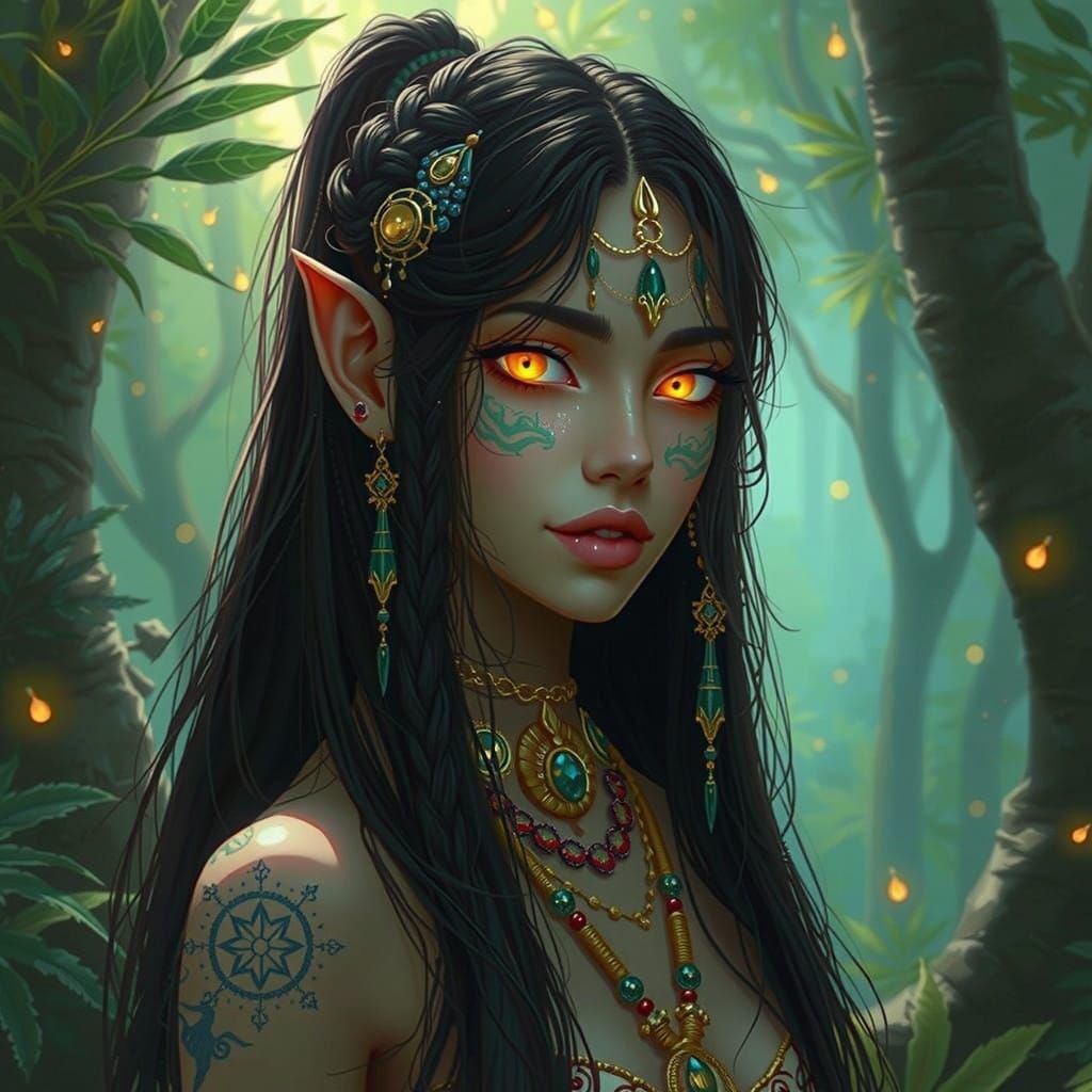 Enigmatic Sorceress with Golden Eyes in Ethereal Glow