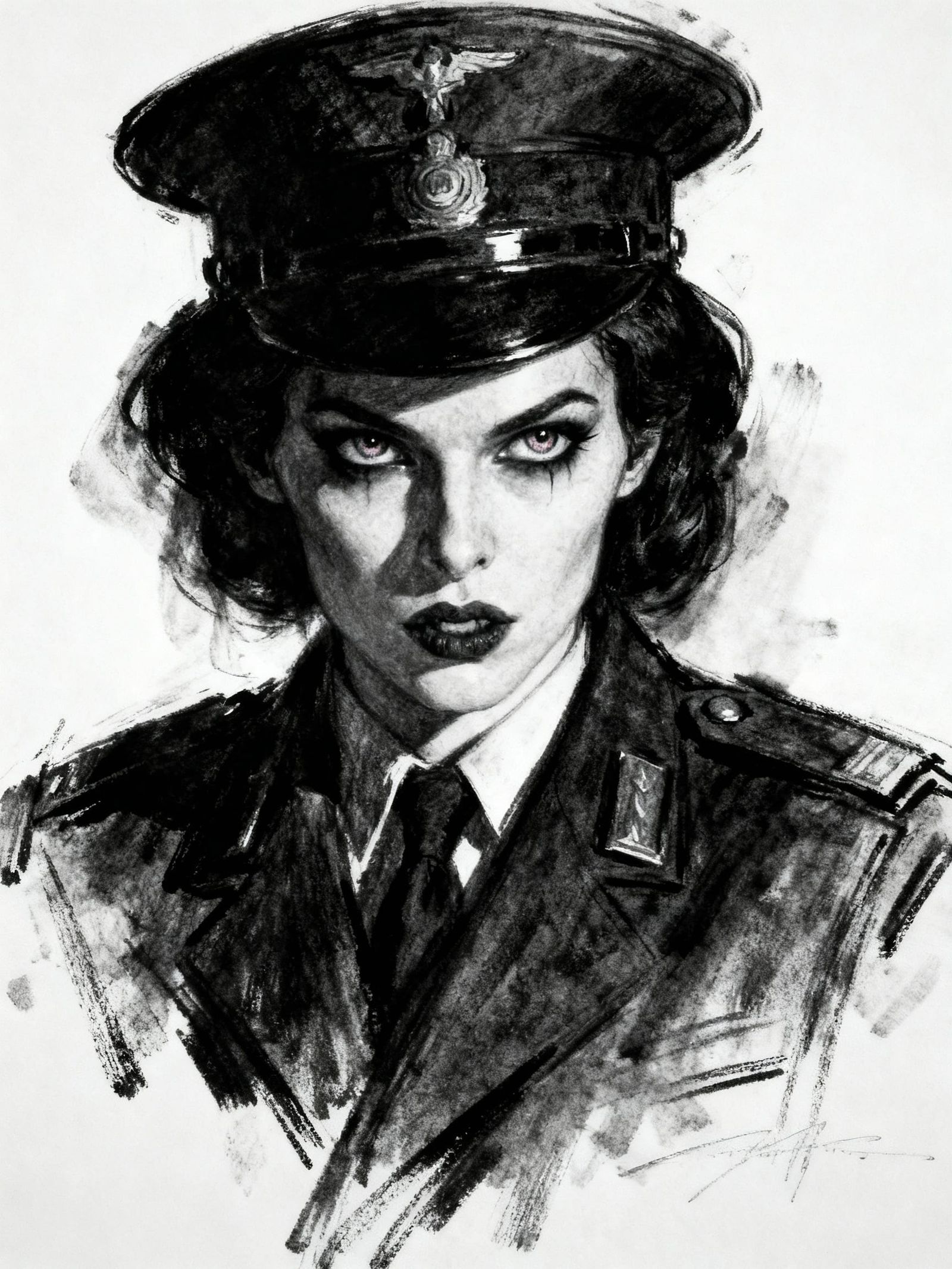 Expressionist Charcoal Sketch of Romanian Vampire Woman in U...