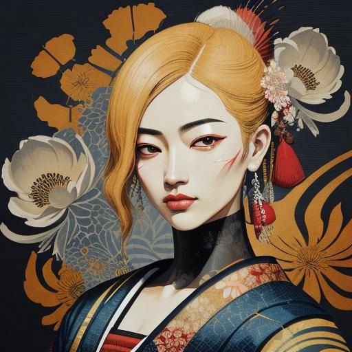 Femme Samurai in Fractured Blooms: Ukiyo-e Oil Painting