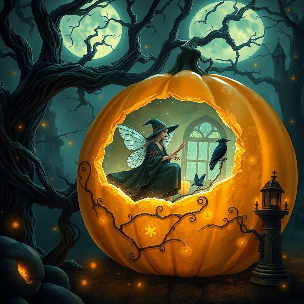 Crystal Pumpkin in Mystical Forest: Digital Matte Painting