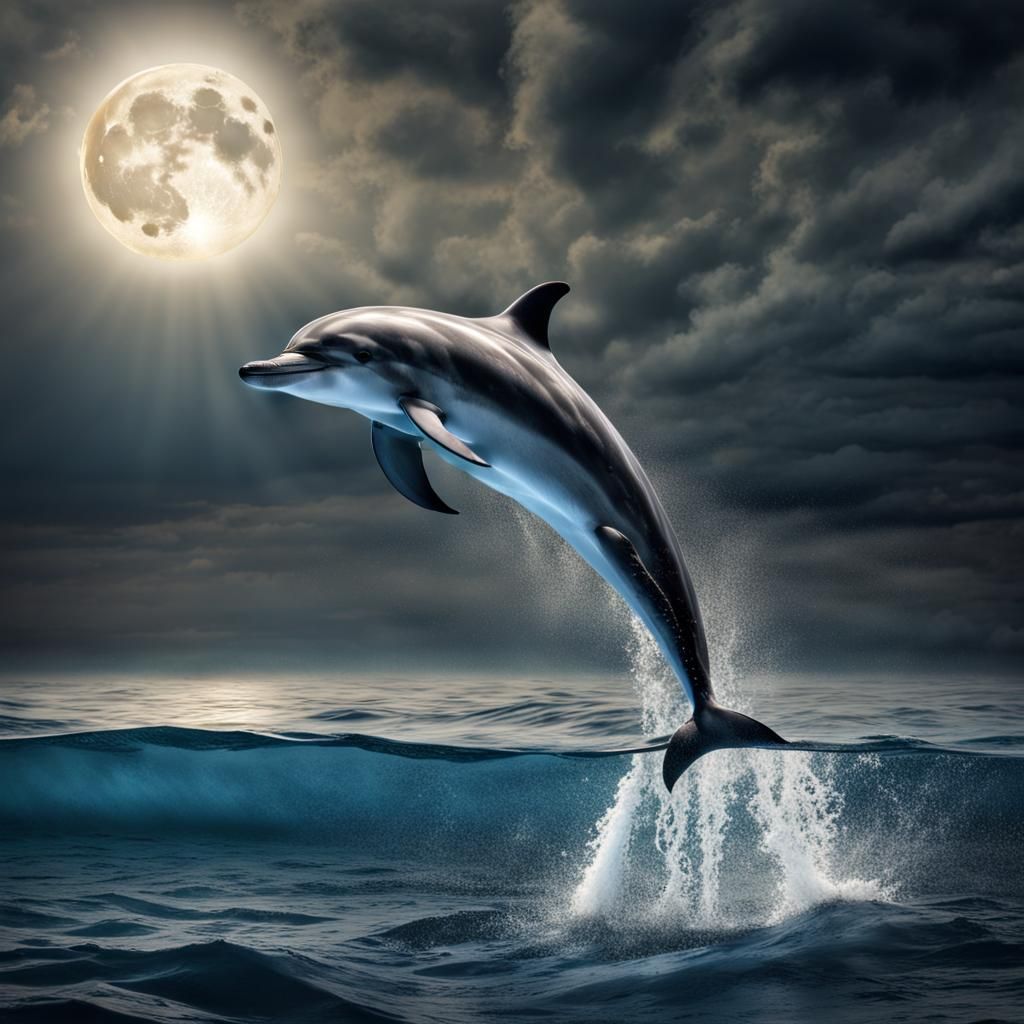 Majestic Dolphin in Ocean Moonlight
