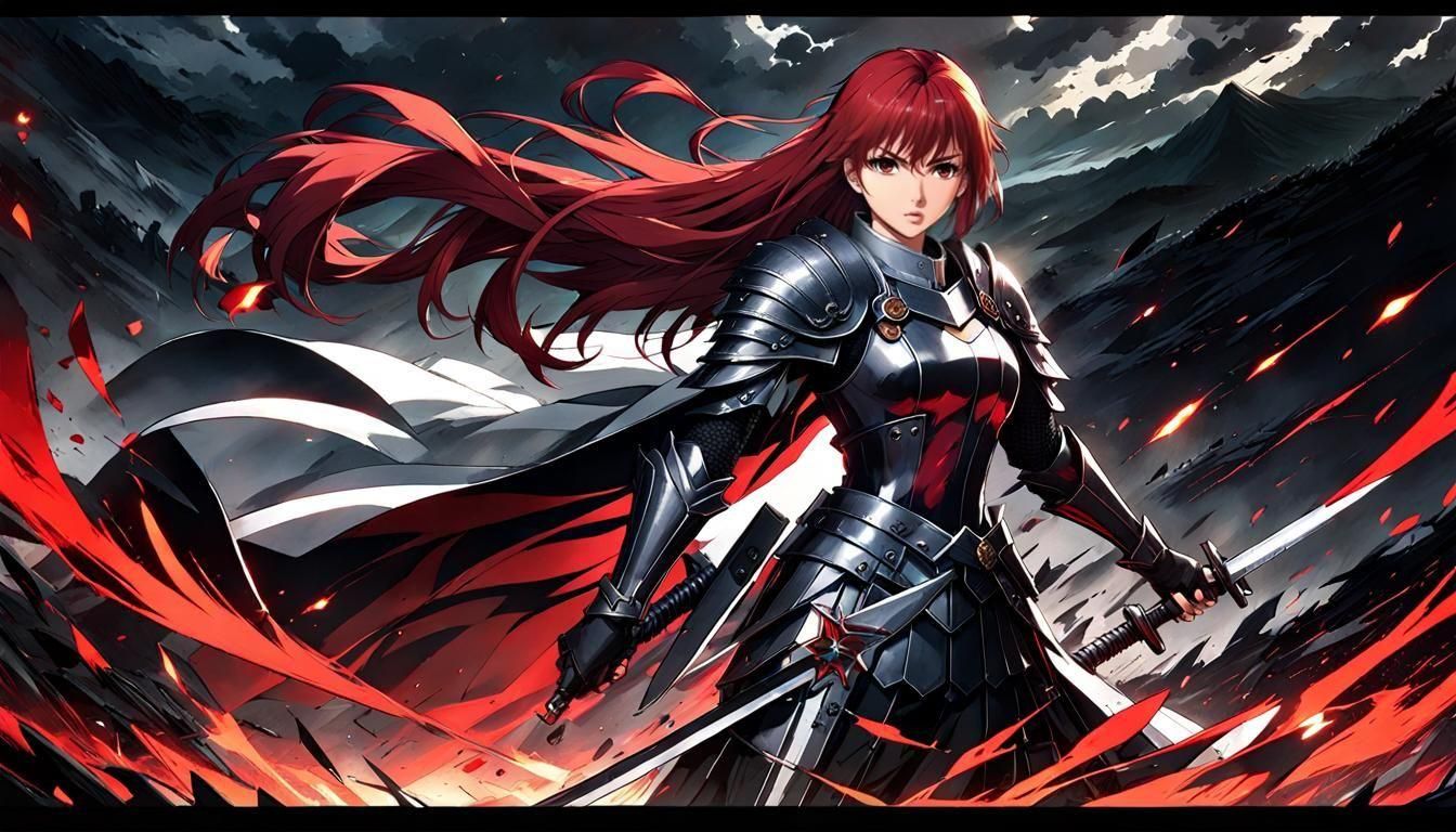 Anime Knight Girl Stands Resolute on Battlefield
