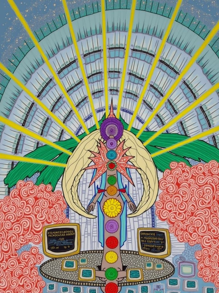 Majestic Cyberpunk Being with Chakras and Wings