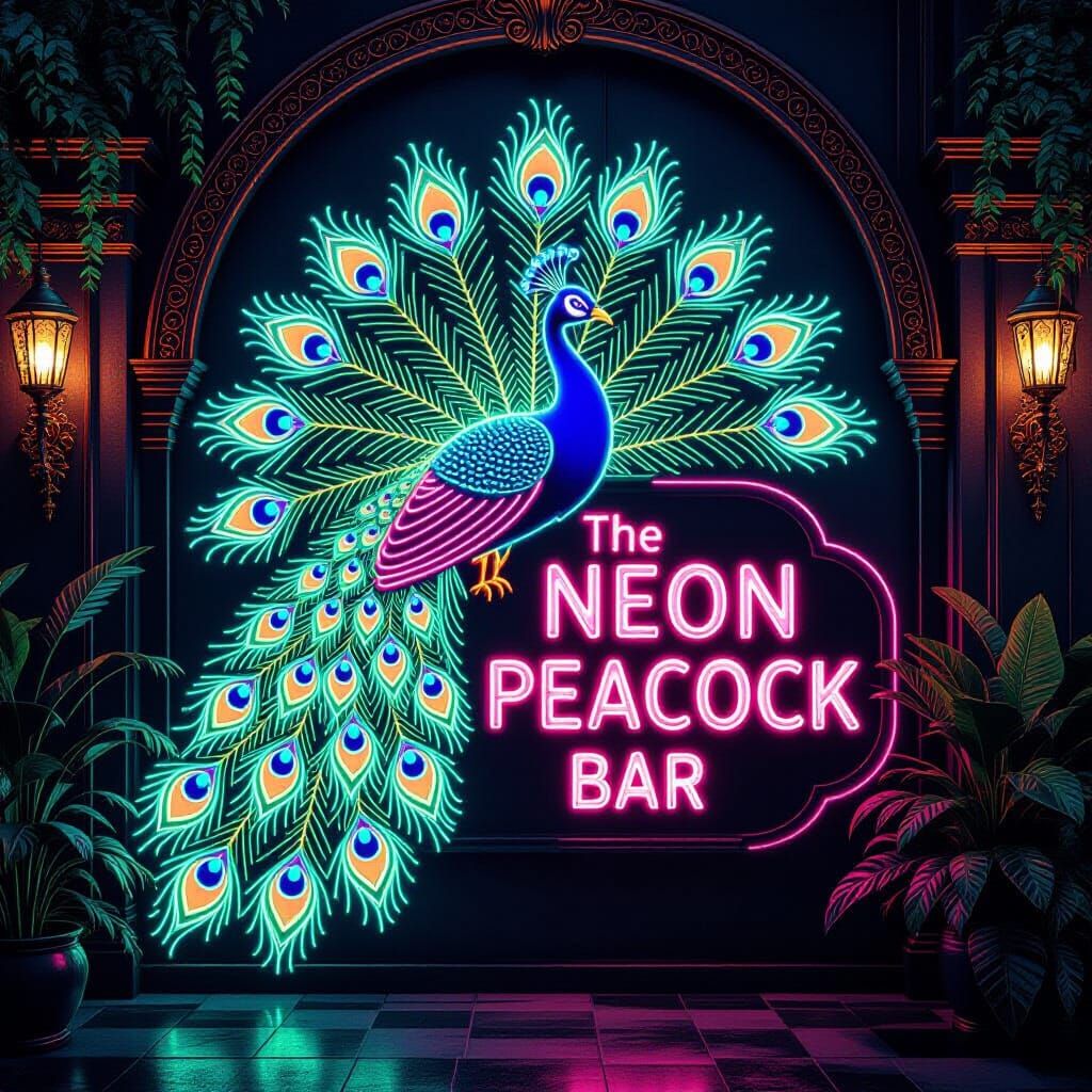 Vibrant Neon Peacock Bar Sign in 8K