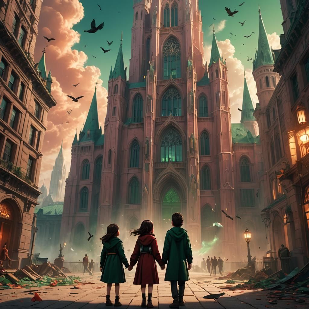 Fantasy Art: Children Gaze at Birds Near Gothic Building