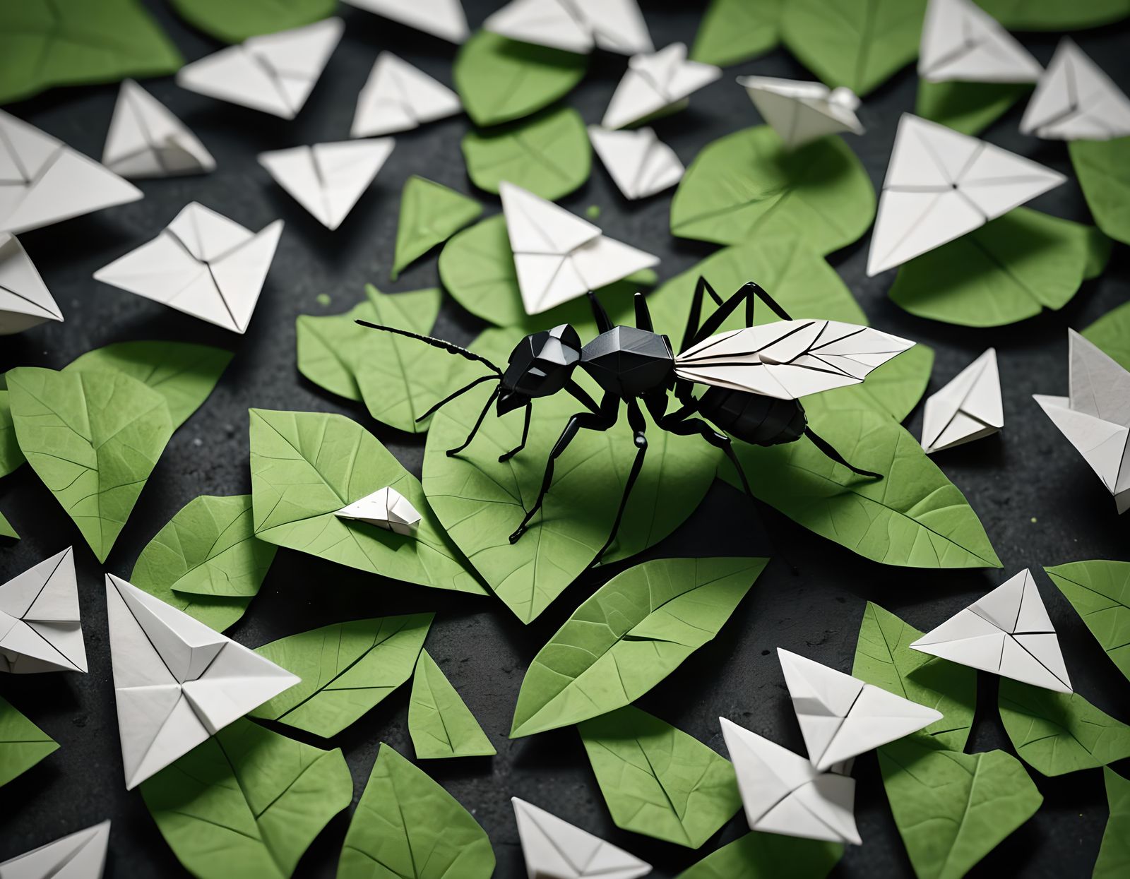 Origami Ant with Fungal Threads in Dim Light