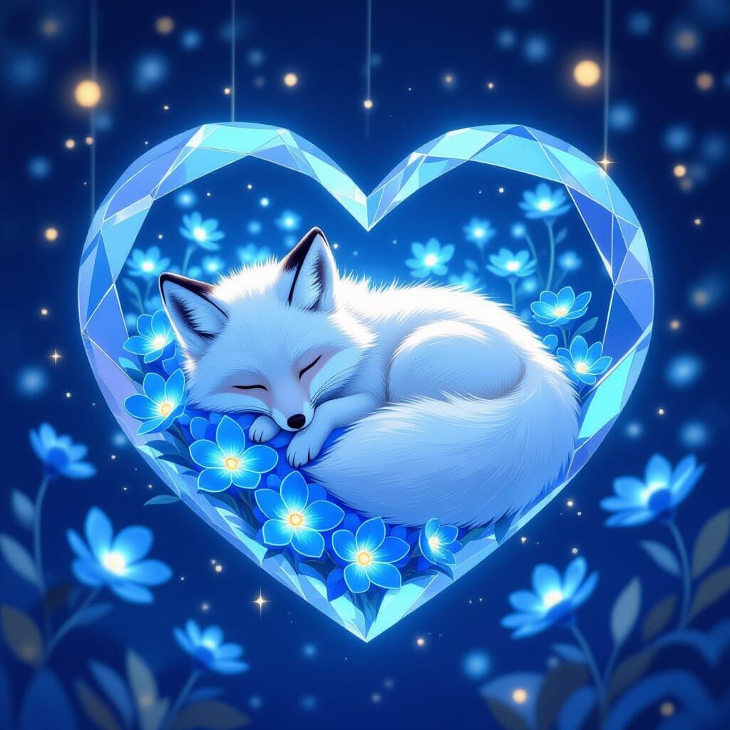 Arctic Fox Asleep in Heart-Shaped Crystal