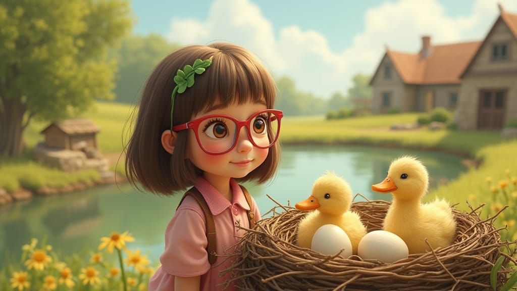 Girl Finds Duck Eggs: Whimsical Children's Illustration