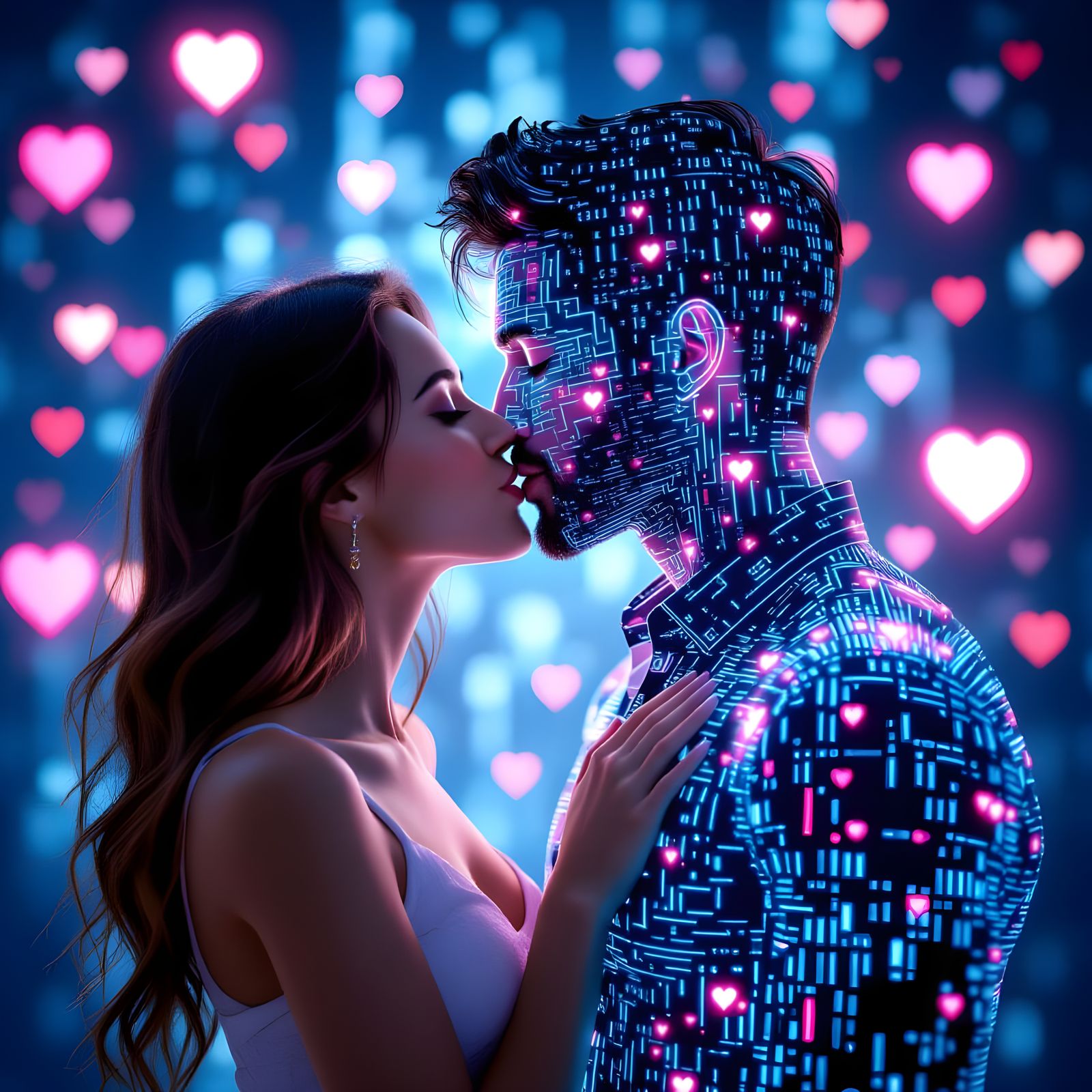 Digital Code Couple Kissing Amidst Glowing Hearts