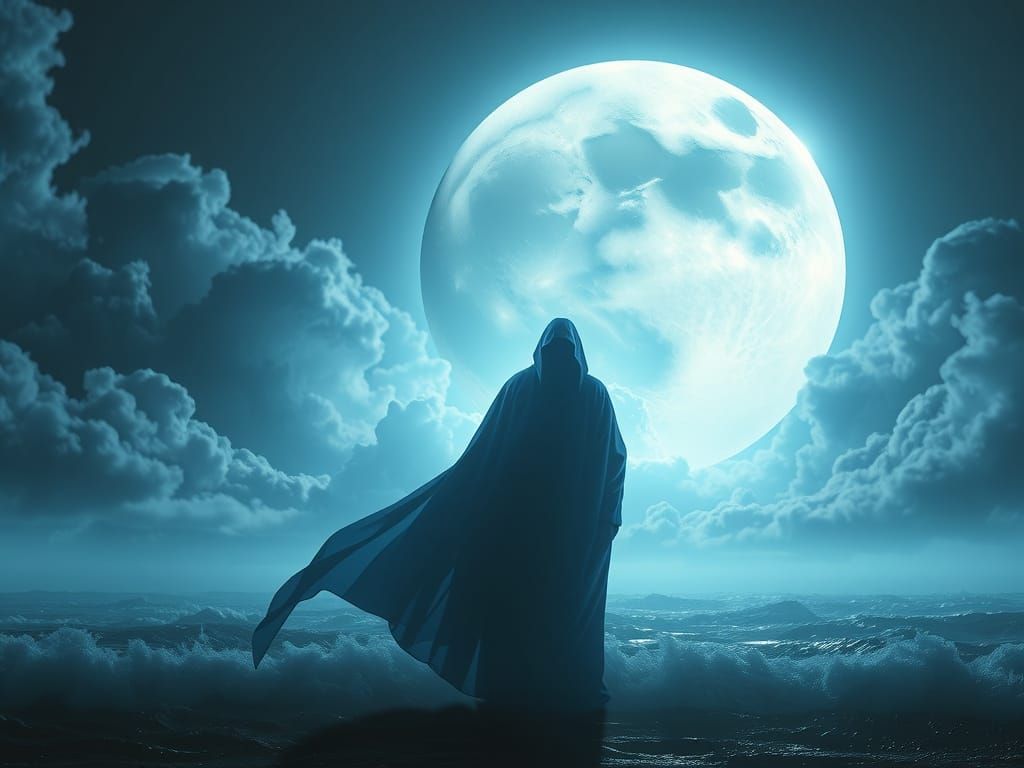 Mystical Figure on Stormy Shore in Cyberpunk Style