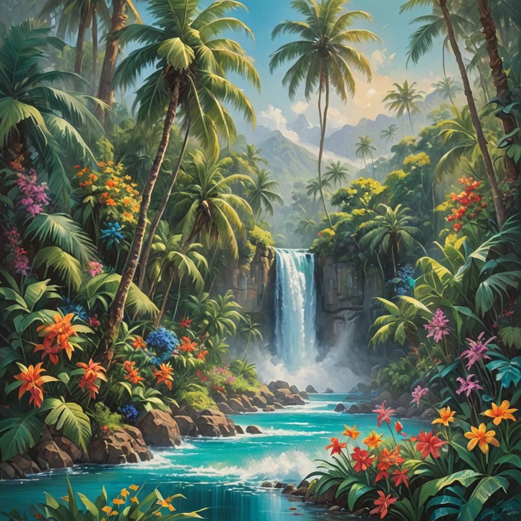 Tropical Waterfall in Impressionistic Realism Style