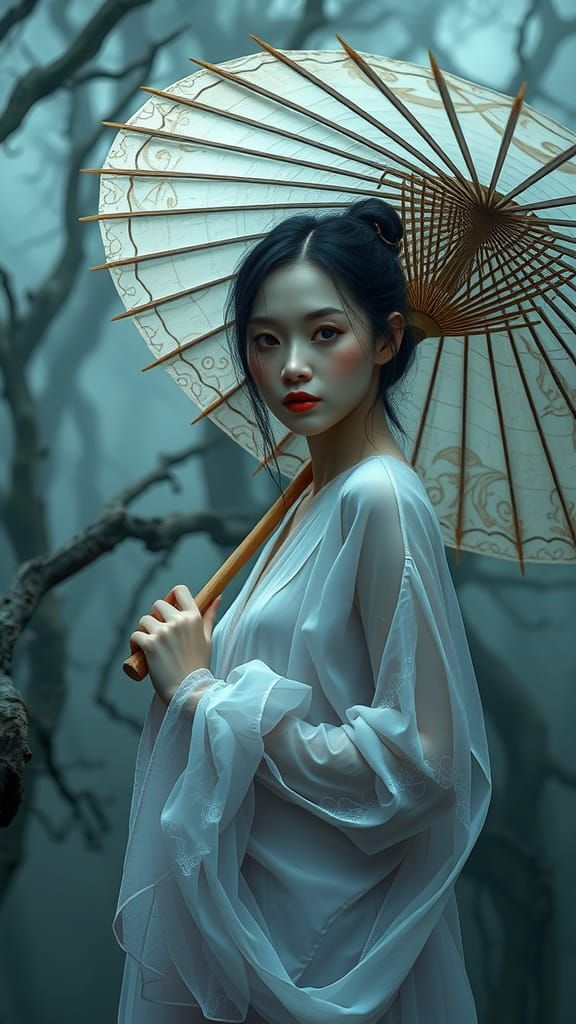 Ethereal Woman with Umbrella in Misty Forest