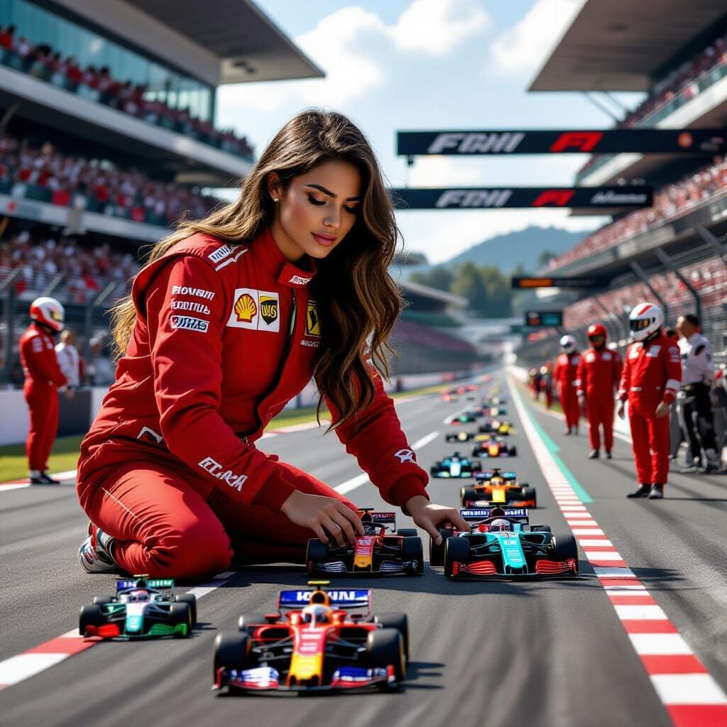 Giant Ferrari F1 Woman Arranging Miniature Cars on Track