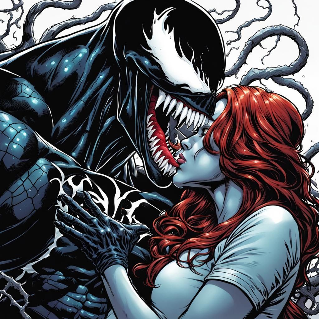 She-Venom and Venom Kiss in Comic Book Art