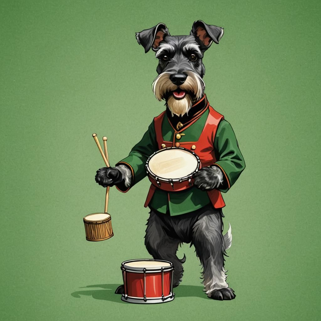 Schnauzer Dog Drummer in Red Suit