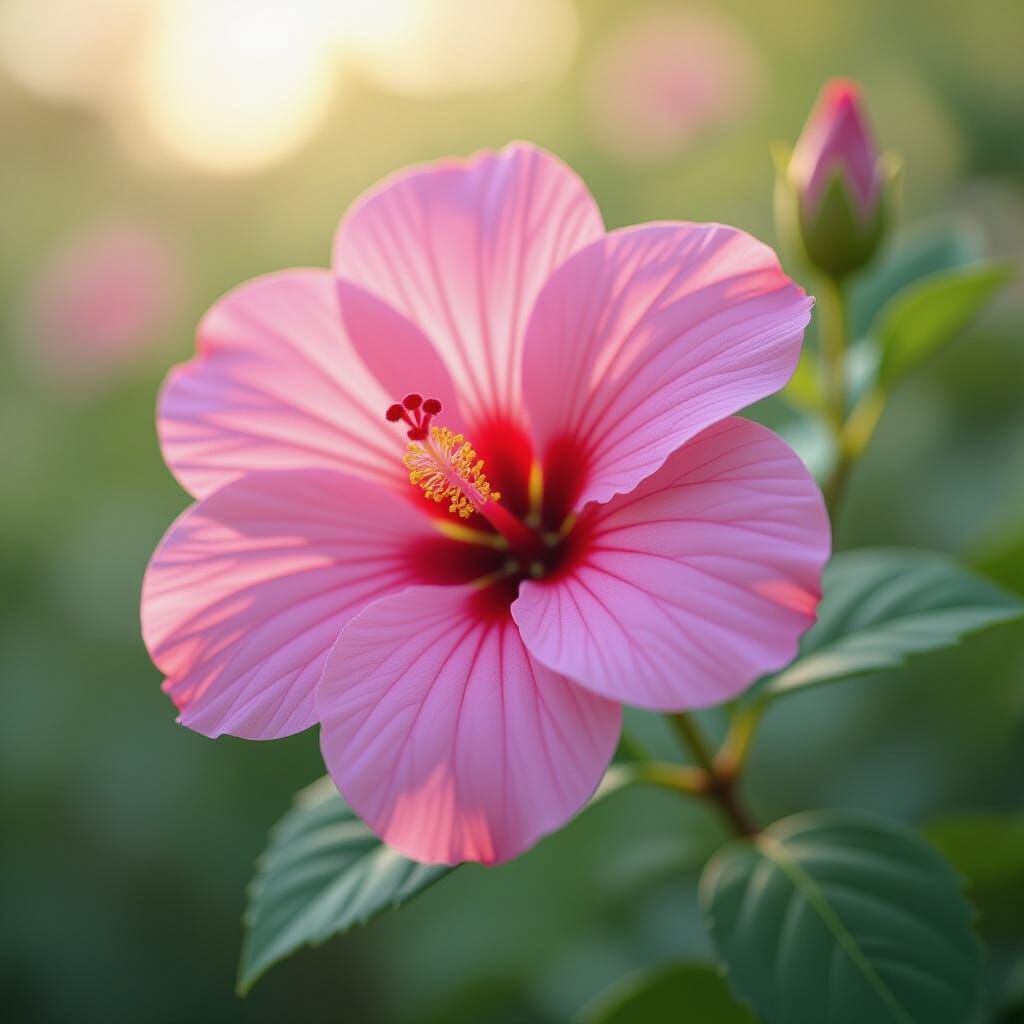 Hyperrealistic Hibiscus Flower in Blurred Garden, Anime Styl...