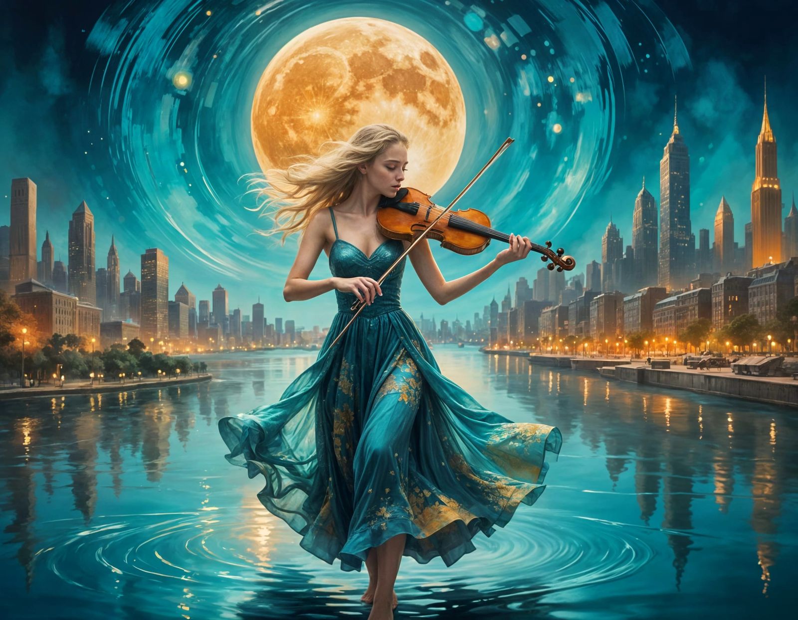 Moonlit Serenade in a Dreamlike Cityscape