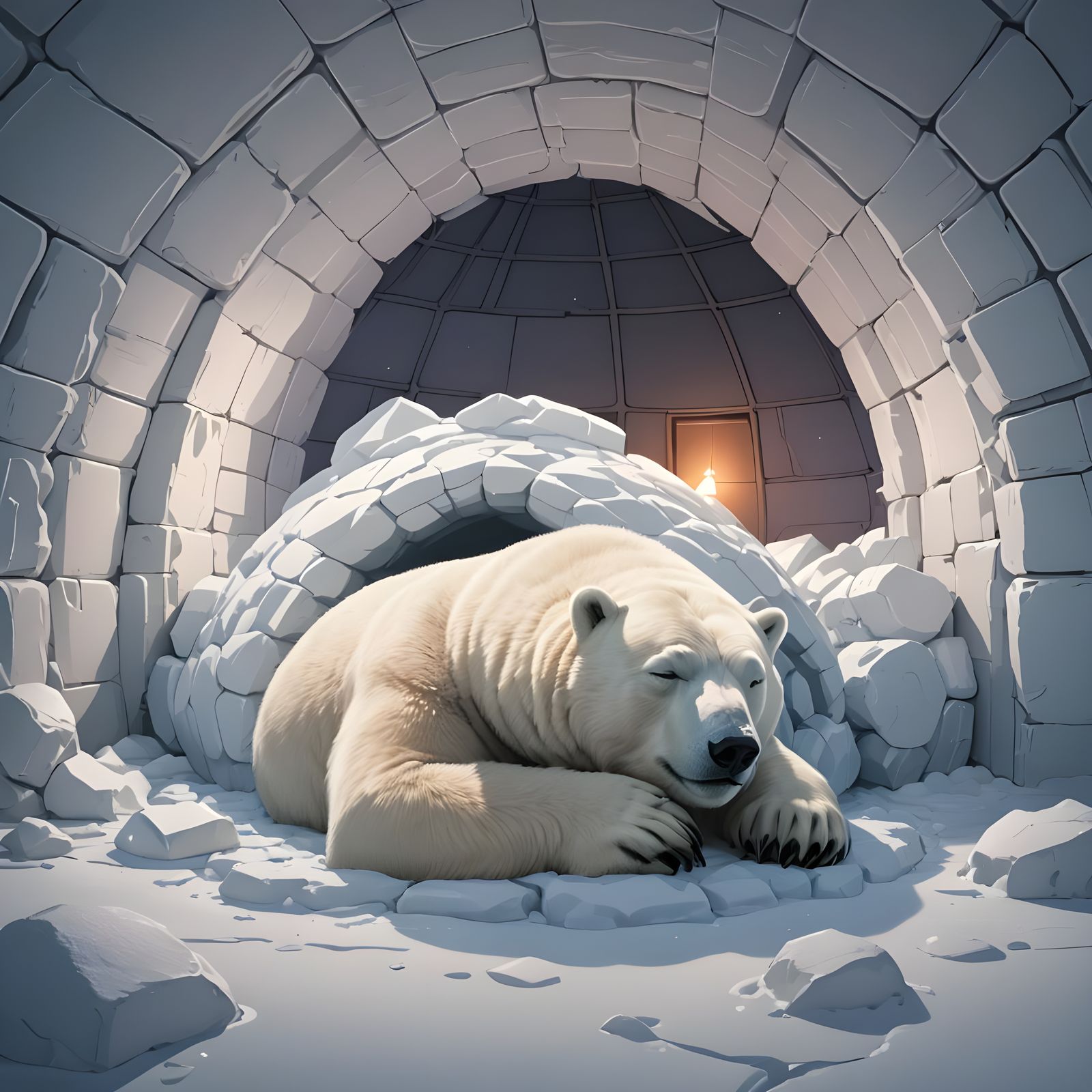 Polar Bear Sleeping in Igloo: Cel-Shaded Anime Art