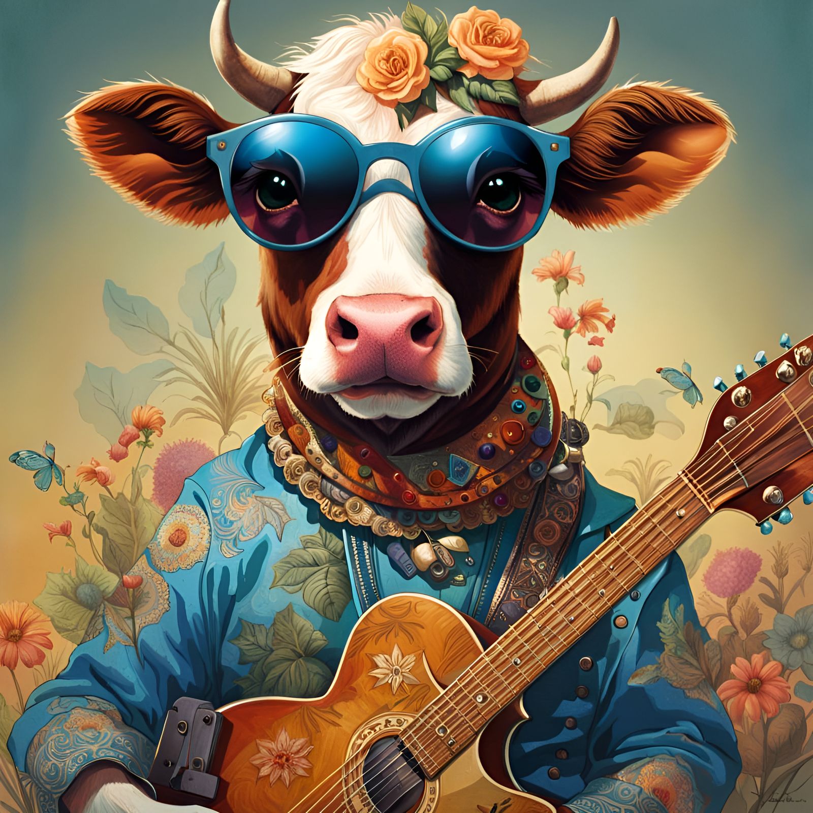Cow Plays Guitar: Digital Art Portrait