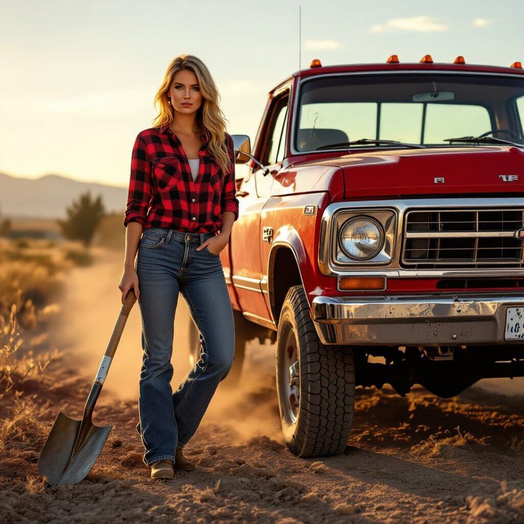 Woman with Pickup Truck and Shovel in Golden Hour