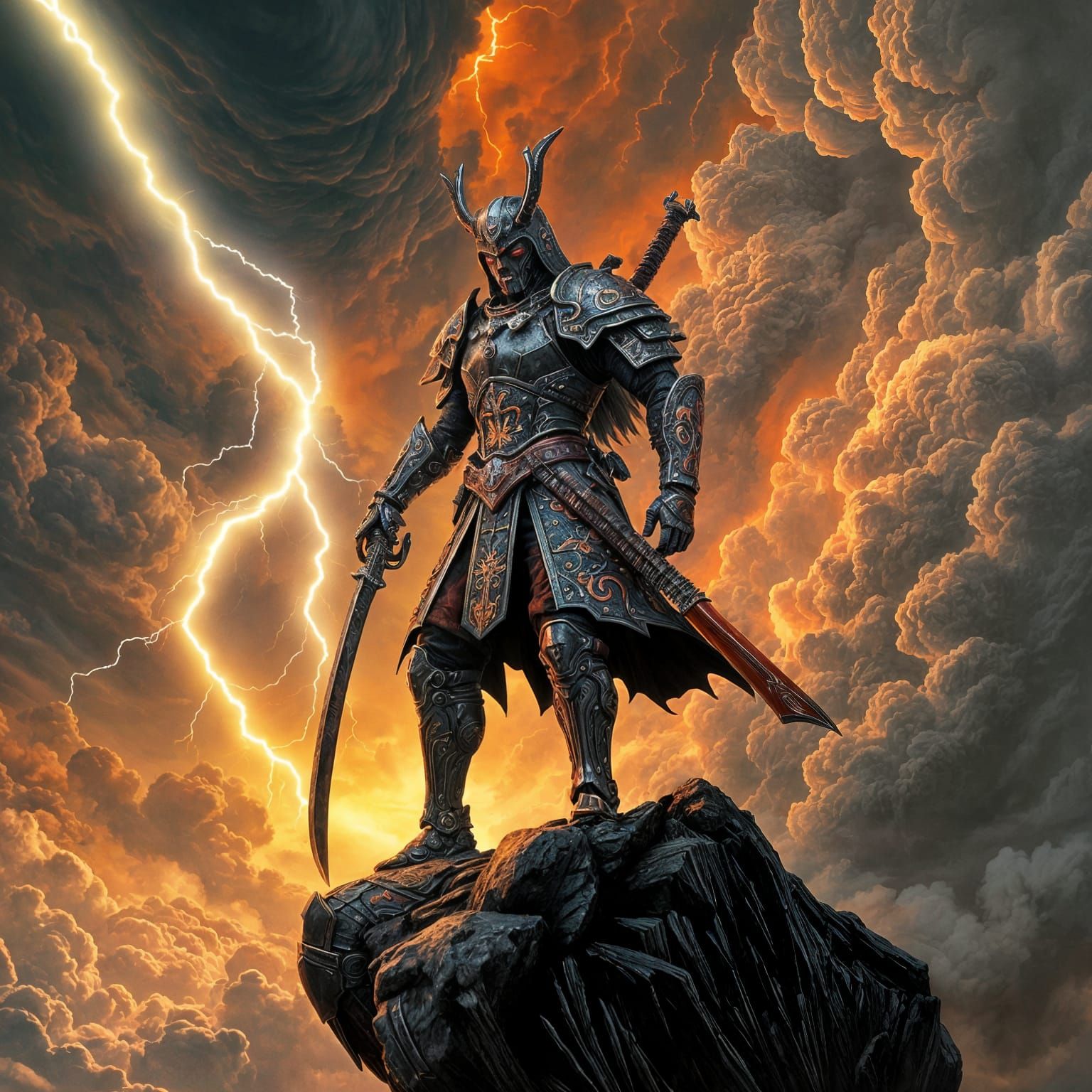 Biomechanical Samurai on Floating Island in Technorganic Sty...