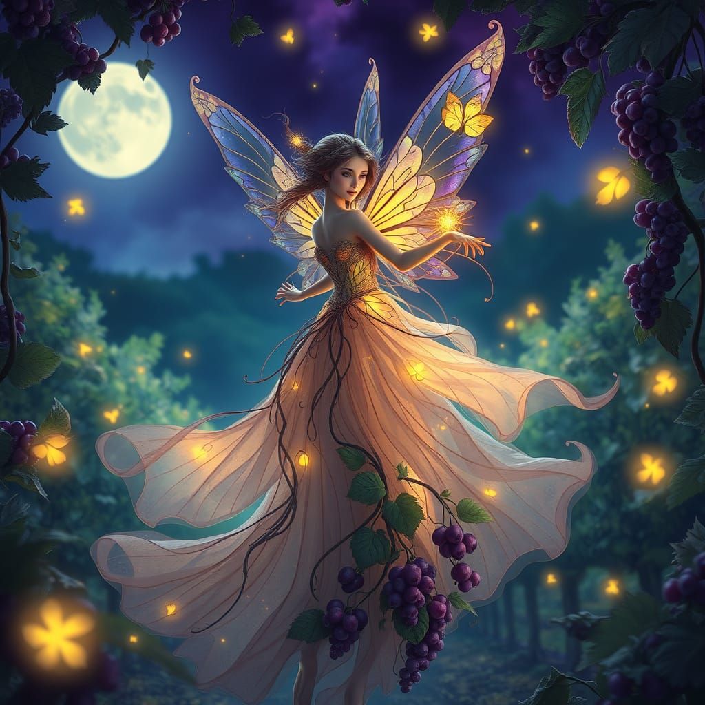 Fairy Dances in Moonlit Vineyard with Iridescent Wings