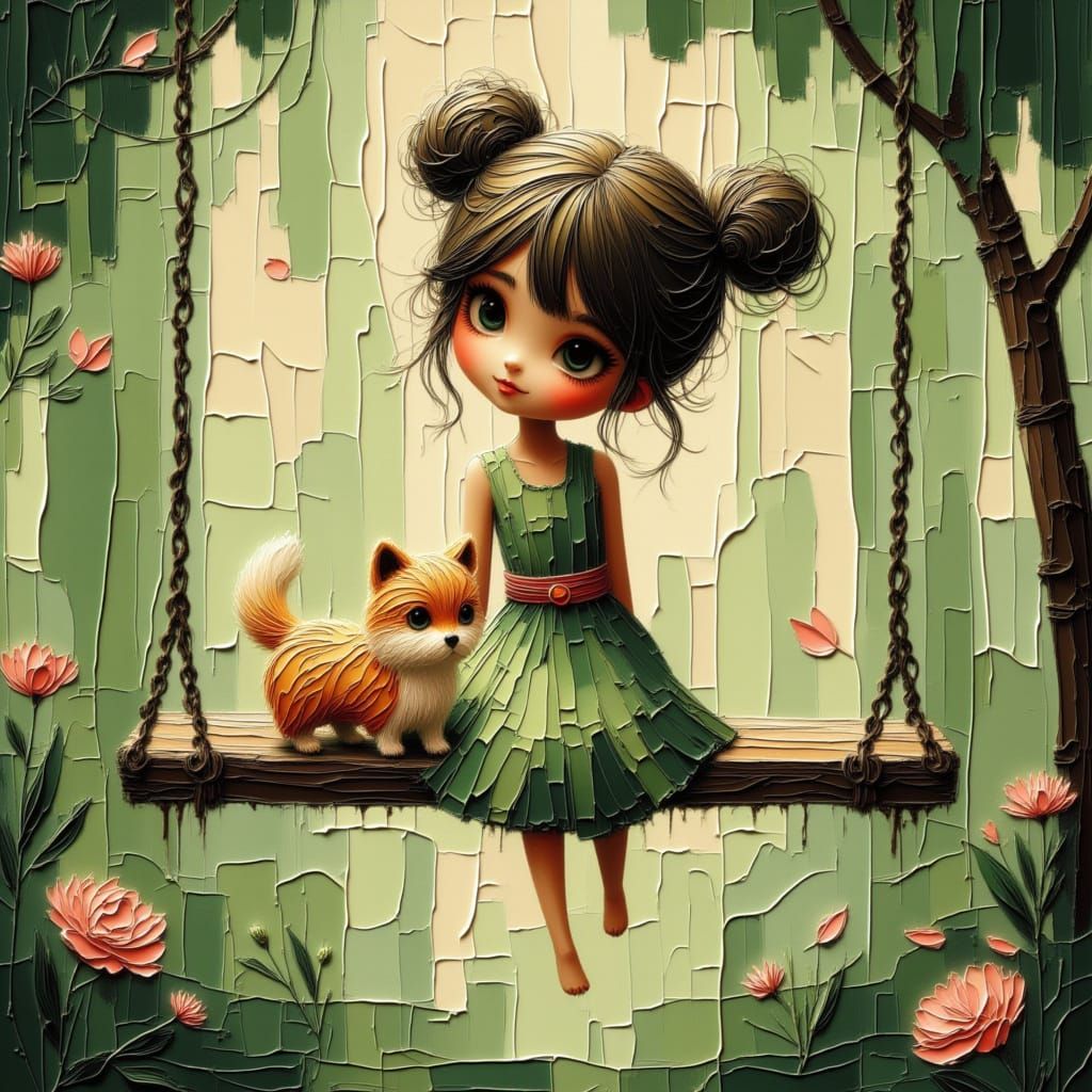 Girl and Puppy on Swing in Vibrant Garden