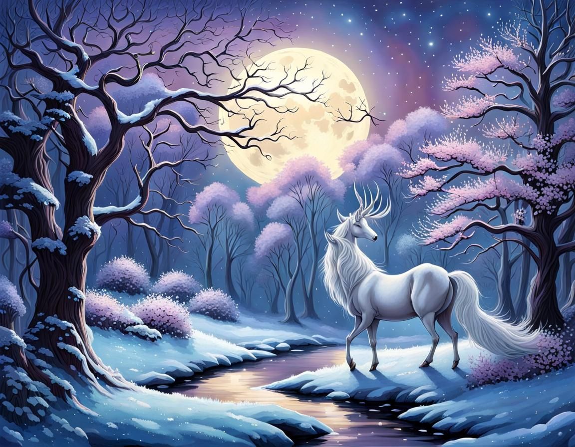 Icy Winter Flowers Under Pale Moon