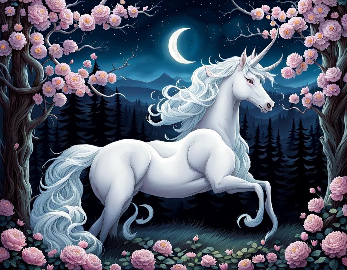 Winter Landscape with Pale Moon and Flowers