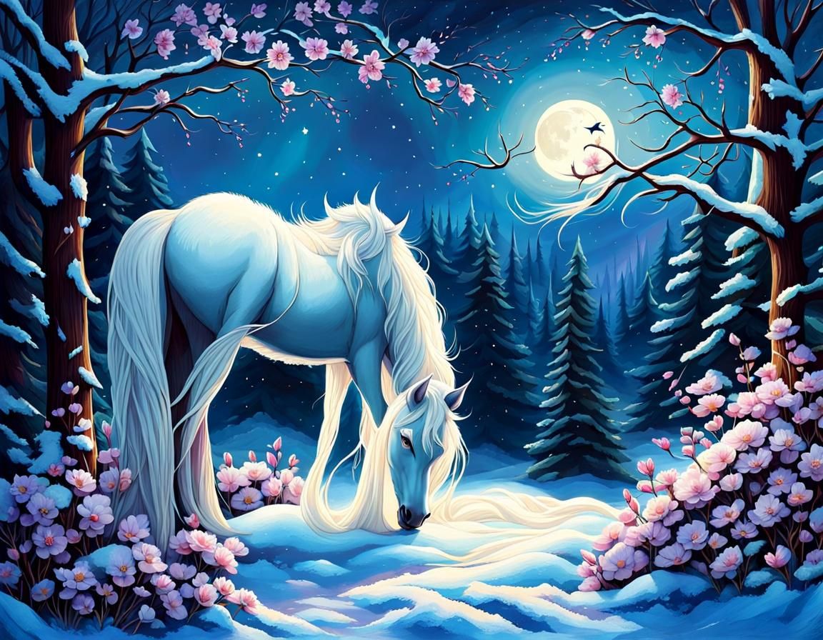 Icy Winter Flowers Under Pale Moon